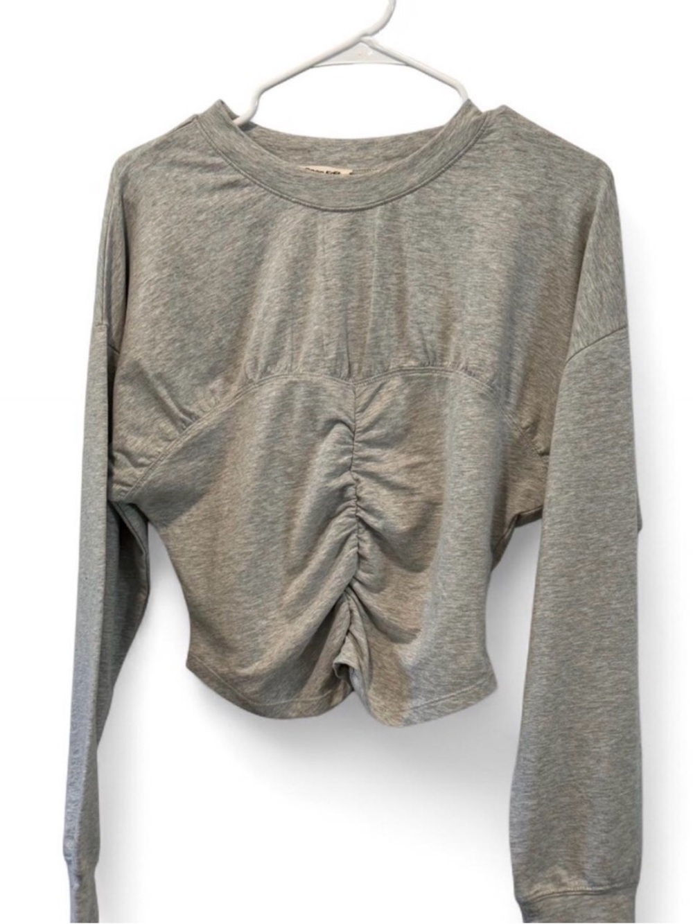 Women's Grey Long-Sleeve Ruched Front Cropped Top